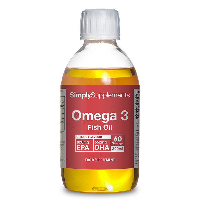 Flacon de compléments alimentaires portant l'étiquette « Oméga 3 Huile de Poisson Liquide Simply Supplements », de couleur rouge sur fond blanc.
