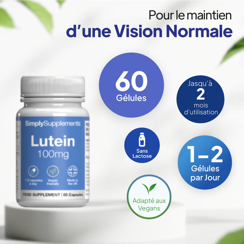 Un flacon de complément alimentaire « SimplySupplements Lutein 100 mg » posé sur un socle blanc, entouré d'un texte promotionnel en français et d'encadrés circulaires indiquant « 60 gélules », « jusqu'à 2 mois d'utilisation », « 1 à 2 gélules par jour » et « formule végétalienne ».