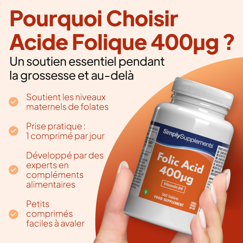 Illustration promotionnelle française pour le complément alimentaire « SimplySupplements Acide folique 400 µg », représentant une main tenant un flacon blanc orné d'une étiquette orange et bleue, sur un fond couleur pêche et orange, avec des puces.