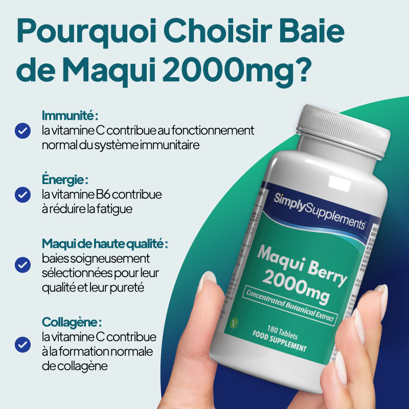Les comprimés de baies de maqui 2 000 mg de Simply Supplements renforcent les défenses immunitaires et contribuent à réduire la fatigue et l'épuisement.