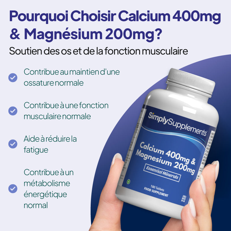 Les comprimés « Simply Supplements » à base de 400 mg de calcium et 200 mg de magnésium contribuent au maintien des os, favorisent la contraction musculaire et réduisent la fatigue et l'épuisement.