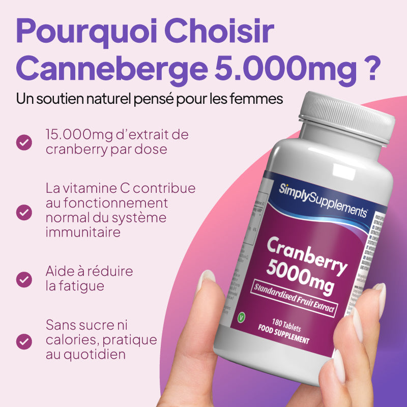Flacon de complément alimentaire à la canneberge (5 000 mg) tenu dans une main, avec un texte promotionnel sur fond violet. Un soutien naturel pour les femmes.