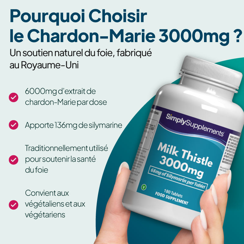 Illustration promotionnelle pour le produit « Simply Supplements Milk Thistle 3000 mg » représentant un flacon tenu à la main, avec un texte mettant en avant les 6 000 mg d'extrait de chardon-Marie par portion, les 136 mg de silymarine (principe actif), son utilisation traditionnelle pour le soutien naturel du foie, ainsi que sa compatibilité avec les régimes végétaliens et végétariens.