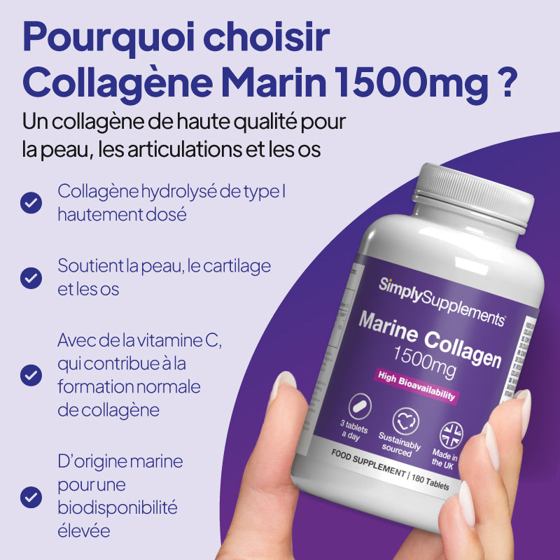 Une main tenant un flacon du complément alimentaire « SimplySupplements Marine Collagen 1500 mg », sur fond violet et lavande clair, avec un texte promotionnel en français et une liste à puces.