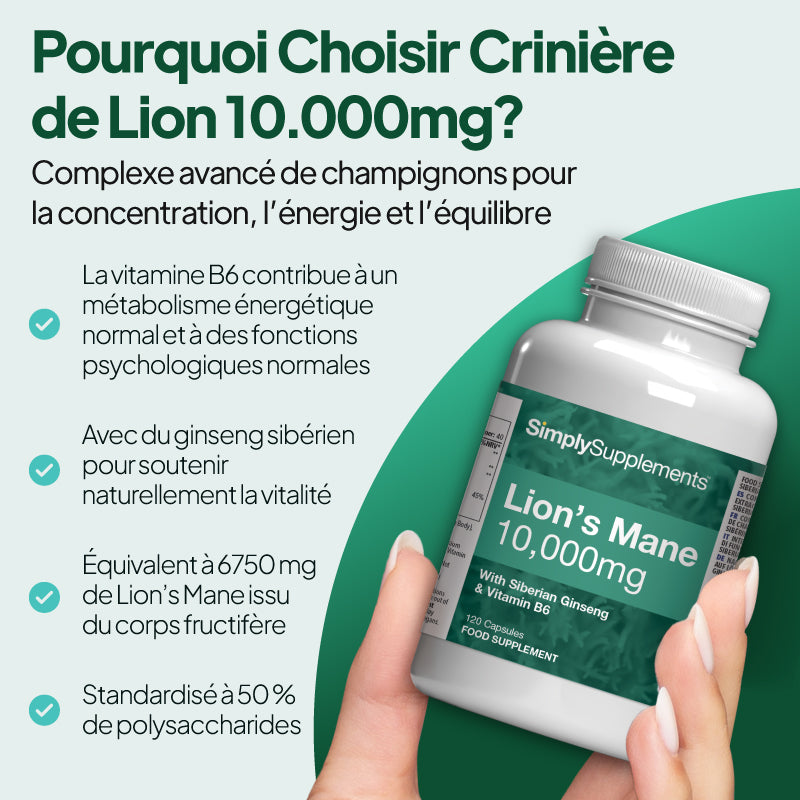 Illustration du produit « Simply Supplements : Crinière de lion et ginseng sibérien à la vitamine B6 » mettant en avant 6 750 mg de crinière de lion issue du corps fructifère, standardisée à 50 % de polysaccharides, enrichie en ginseng sibérien pour une résilience naturelle, et en vitamine B6 pour soutenir l'énergie et les fonctions cognitives.