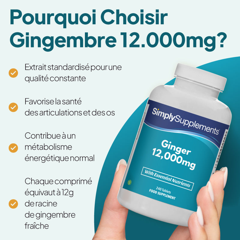 Les comprimés au gingembre de Simply Supplements favorisent la santé des articulations et des os et contribuent au métabolisme énergétique.