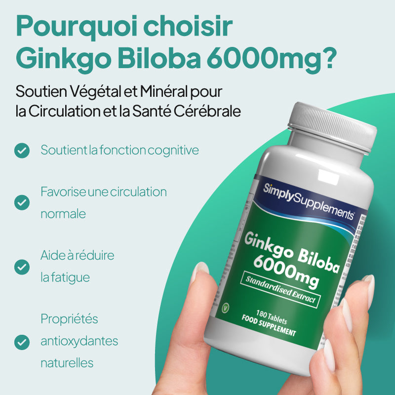 Une main tient un flacon blanc du complément alimentaire « SimplySupplements Ginkgo Biloba 6000 mg » sur un fond graphique bleu sarcelle et bleu clair, avec du texte en espagnol et des coches.