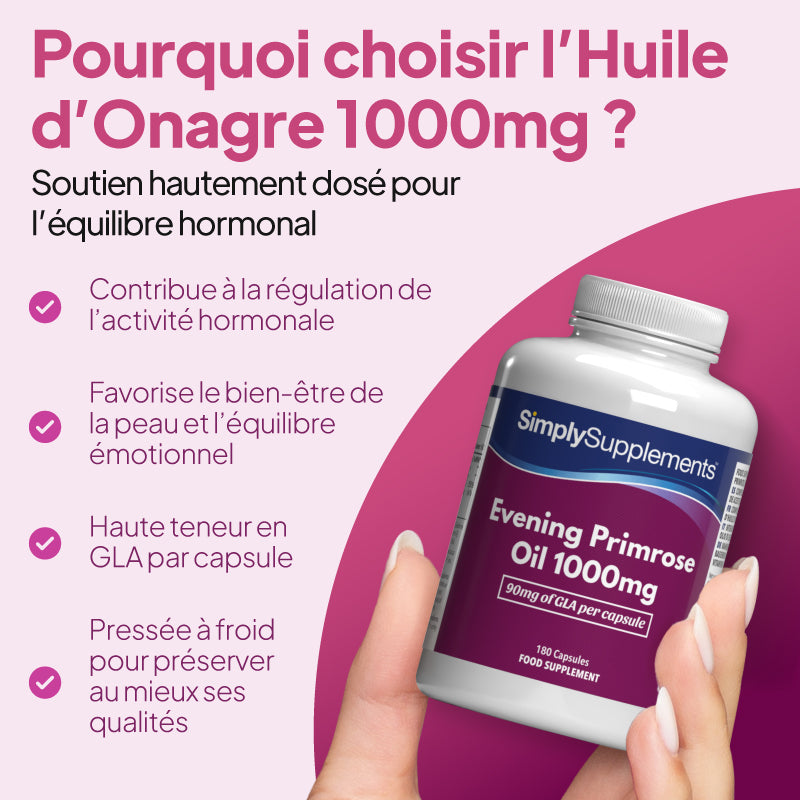 Une main tenant un flacon d'huile d'onagre SimplySupplements 1 000 mg, sur un fond promotionnel rose et magenta, avec un texte en français sur le soutien hormonal.