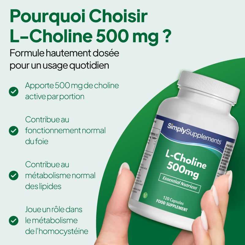 Image du produit « Simply Supplements L-Choline 500 mg » mettant en avant les 500 mg de choline active par portion, ainsi que son rôle dans le bon fonctionnement du foie, le métabolisme normal des lipides et le métabolisme de l'homocystéine.
