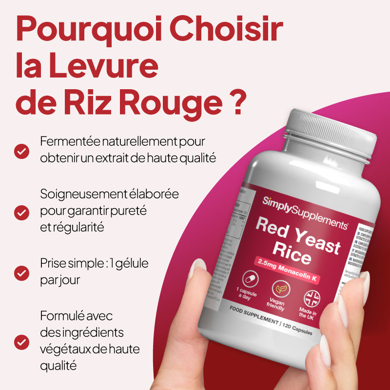 Une main tenant un flacon du complément alimentaire « SimplySupplements Red Yeast Rice », sur fond d'illustration promotionnelle comportant un texte en français mettant en avant la fermentation naturelle, la pureté et la facilité d'utilisation.