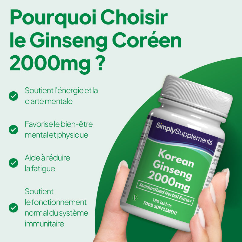 Le ginseng coréen favorise le maintien du niveau d'énergie et la clarté d'esprit, contribue au bien-être physique et mental et aide à réduire la fatigue et l'épuisement.