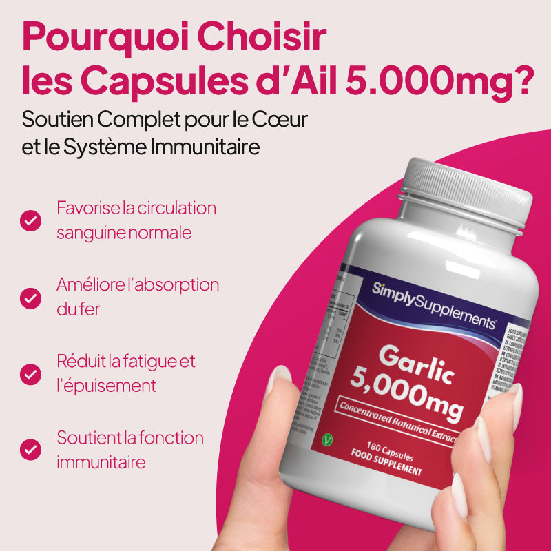 Une main tenant un flacon blanc de gélules « SimplySupplements Garlic 5 000 mg », sur fond d'une illustration promotionnelle rose et blanche comportant un texte en français mettant en avant les bienfaits de ce produit pour le cœur et le système immunitaire.