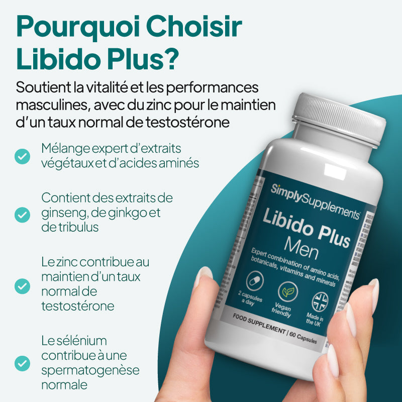 Une main tient un flacon du complément alimentaire « SimplySupplements Libido Plus Men » devant un fond graphique bleu sarcelle et blanc, sur lequel figurent un texte marketing en français et une liste à puces.