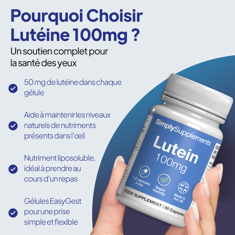 Une main tenant un flacon de gélules de complément alimentaire « SimplySupplements Lutein 100 mg », sur un fond graphique bleu clair et bleu foncé, avec un texte promotionnel en français.