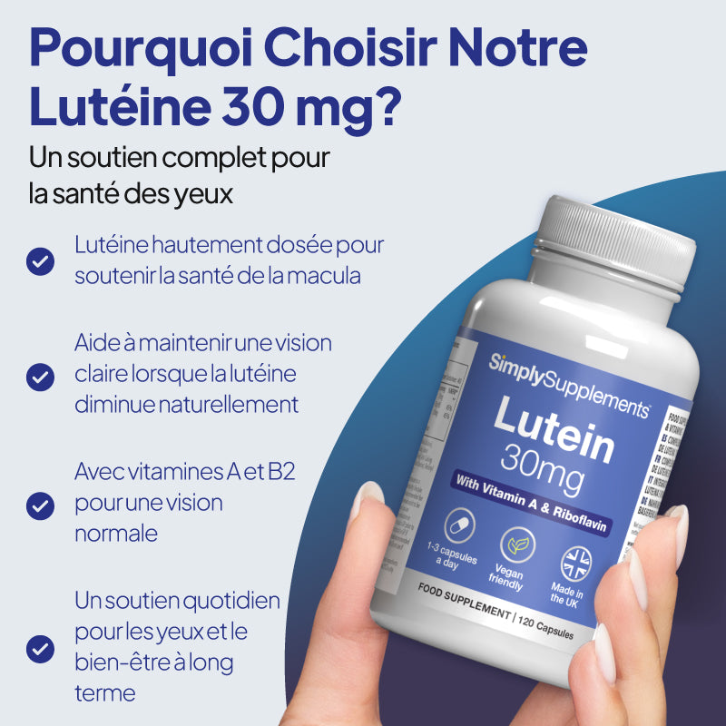 Une main tenant un flacon du complément alimentaire « Simply Supplements Lutein 30 mg », sur fond graphique bleu clair et bleu foncé, avec un texte promotionnel en français.