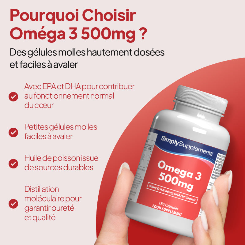 Une main tenant un flacon blanc de gélules de compléments alimentaires « SimplySupplements Omega 3 500 mg », sur fond d'illustration promotionnelle rouge et beige accompagnée d'un texte en français mettant en avant les bienfaits du produit.