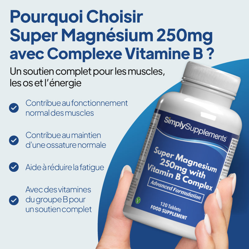 « Super Magnésium avec complexe de vitamines B » favorise le bon fonctionnement musculaire, contribue à la santé osseuse et réduit la fatigue et l'épuisement.
