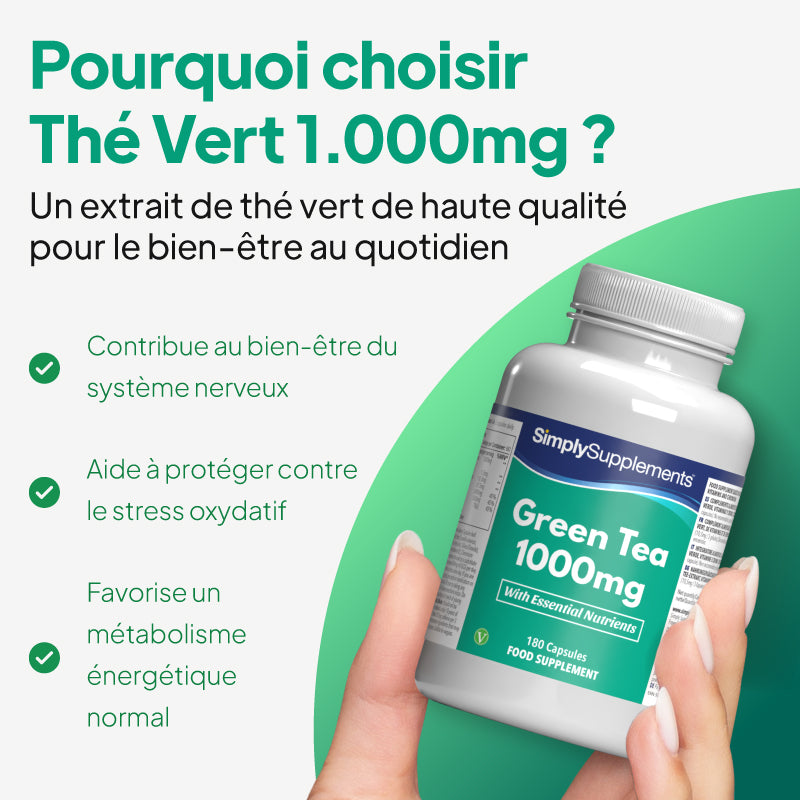 Le thé vert contribue au bon fonctionnement du système nerveux, favorise le métabolisme énergétique et aide à protéger l'organisme contre le stress oxydatif.