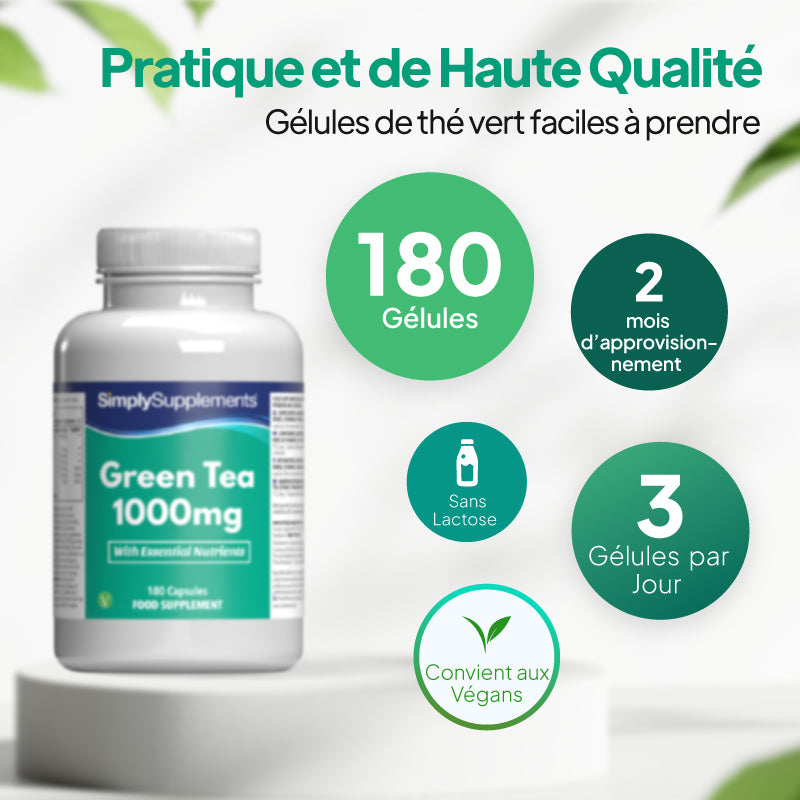 Le thé vert 1 000 mg de Simply Supplements contient jusqu'à 360 gélules