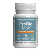 Flacon de compléments alimentaires portant l'étiquette « Probio Max Simply Supplements », de couleur gris sur fond blanc.