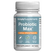 Flacon de compléments alimentaires portant l'étiquette « Probiotic Max Simply Supplements », de couleur gris sur fond blanc.
