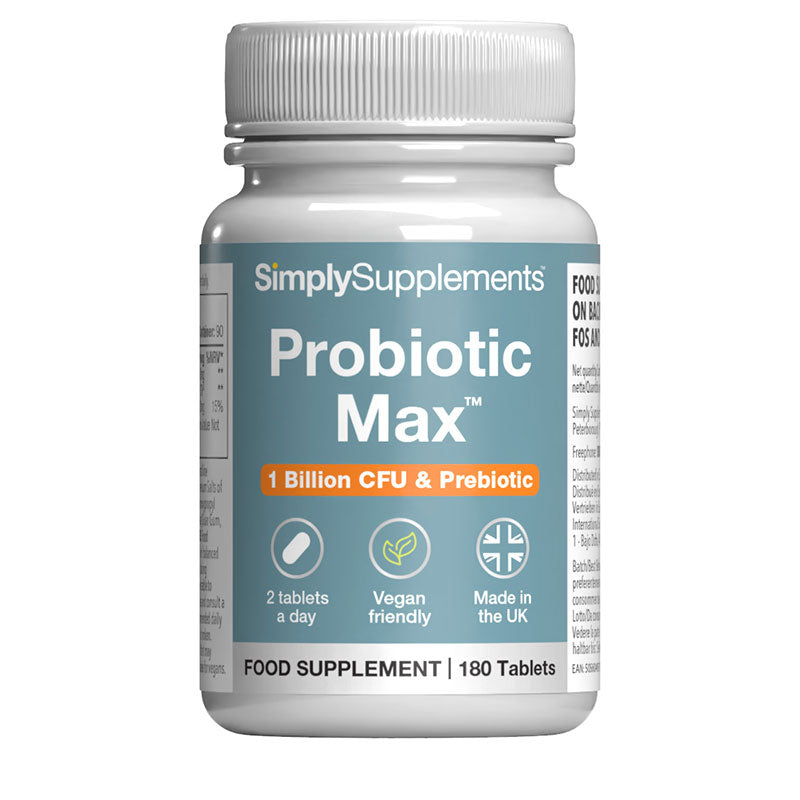 Flacon de compléments alimentaires portant l'étiquette « Probiotic Max Simply Supplements », de couleur gris sur fond blanc.
