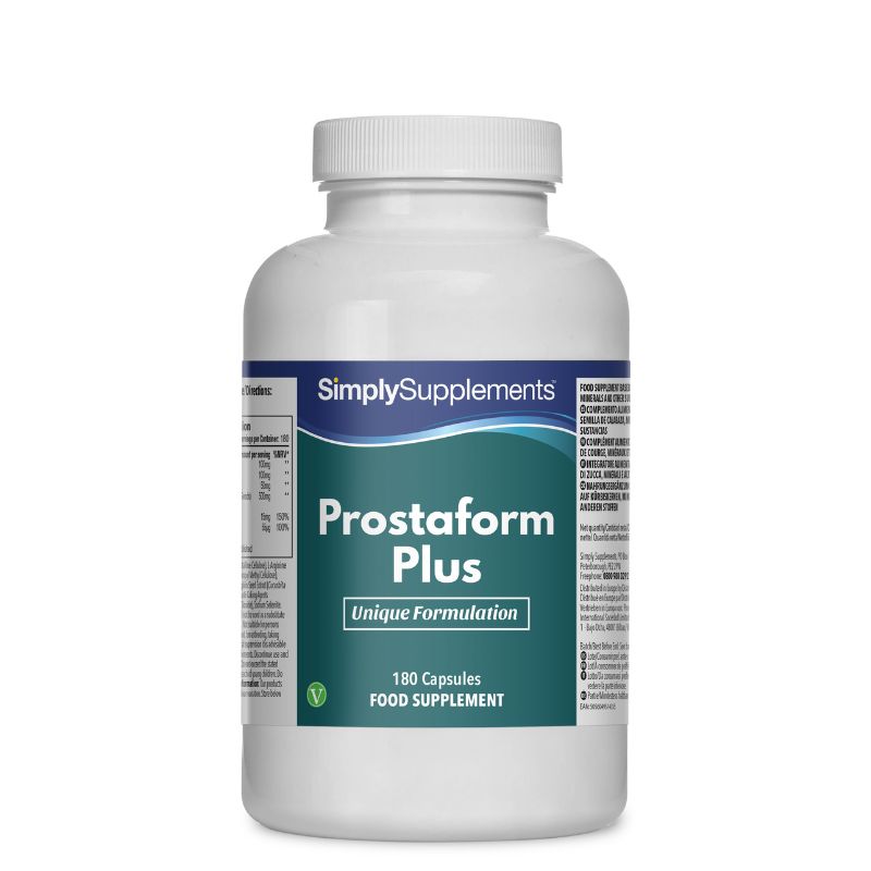 Flacon de compléments alimentaires portant l'étiquette « Prostaform Plus Simply Supplements », de couleur vert sur fond blanc.
