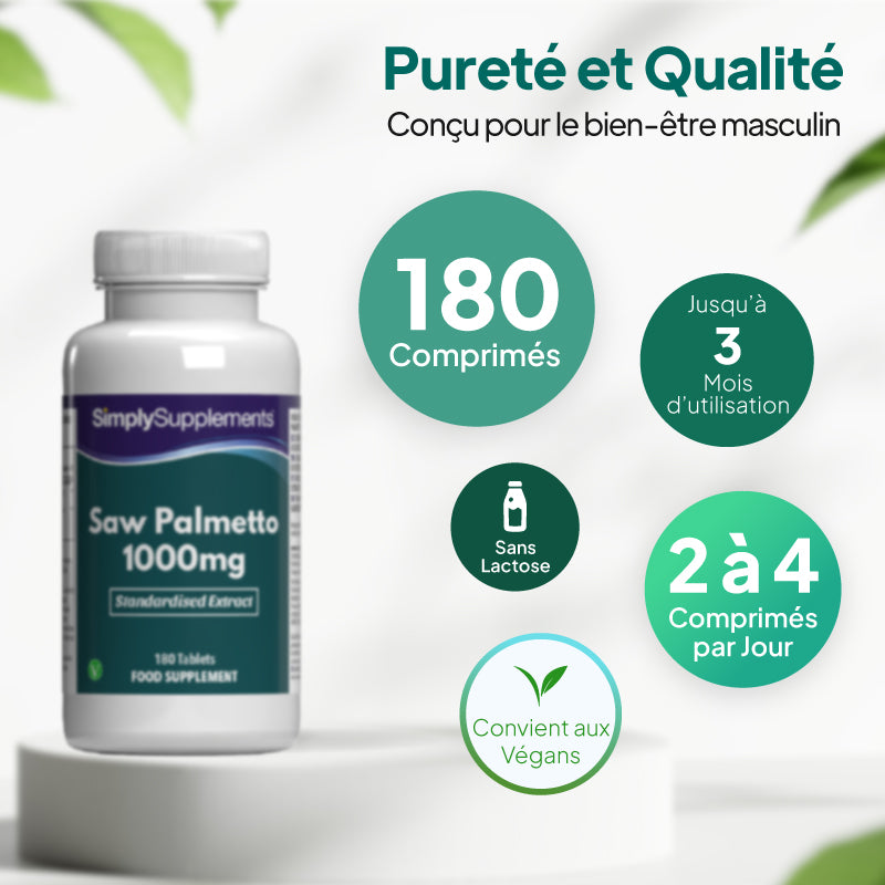 Un flacon blanc du complément alimentaire « SimplySupplements Saw Palmetto 1000 mg » posé sur un socle blanc, avec un texte promotionnel en français et des étiquettes circulaires mettant en avant les 180 comprimés, une durée d'utilisation pouvant aller jusqu'à 3 mois, l'absence de lactose et le fait que le produit convient aux végétaliens.