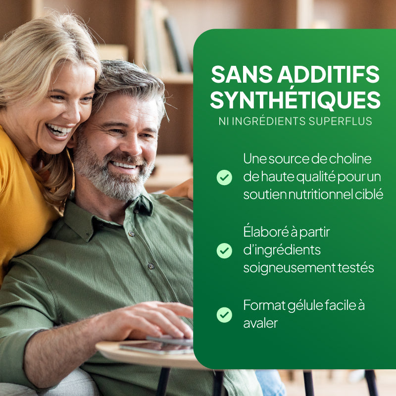 Illustration promotionnelle du produit « L-Choline 500 mg » de Simply Supplements, mettant en avant l'absence d'additifs synthétiques, des ingrédients testés, un soutien nutritionnel ciblé et un format de gélules faciles à avaler.
