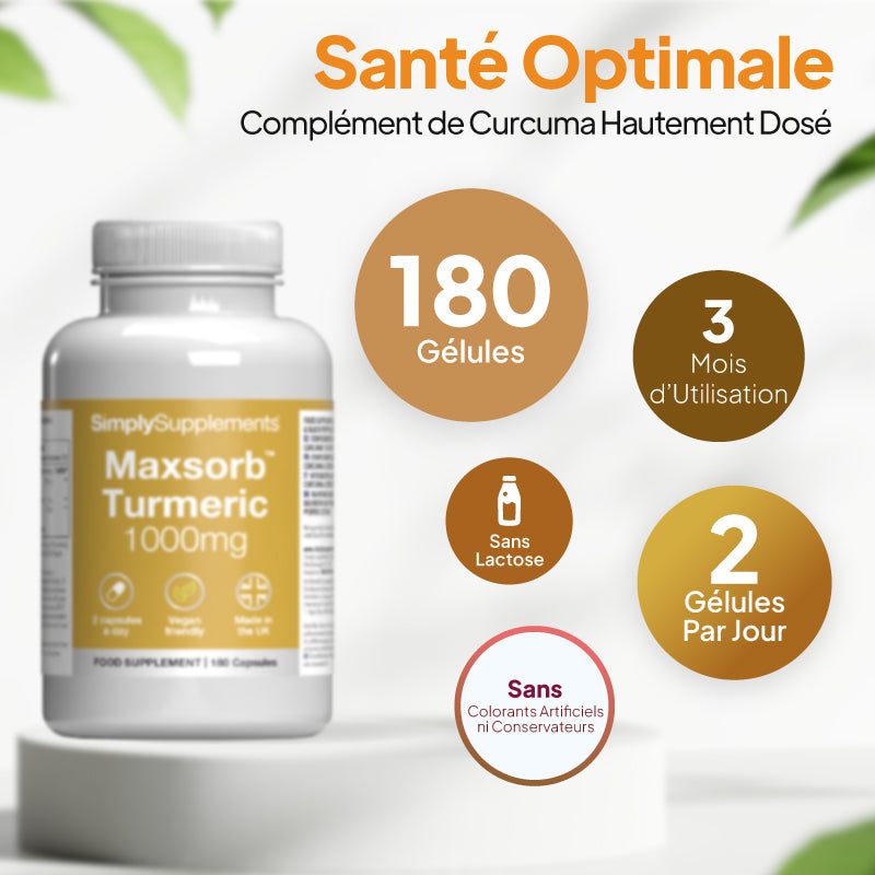 Un flacon de gélules de complément alimentaire « SimplySupplements Maxsorturmeric 1 000 mg », présenté sur un socle blanc, avec un texte promotionnel en français et des encadrés circulaires indiquant la posologie et la durée du traitement.