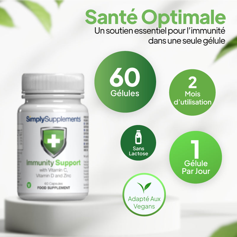 Un flacon blanc du complément alimentaire « SimplySupplements Immunity Support » posé sur un socle blanc, entouré de cercles promotionnels verts comportant des mentions en français : 60 gélules, 2 mois d'utilisation, sans lactose, 1 gélule par jour, et adapté aux végétaliens.