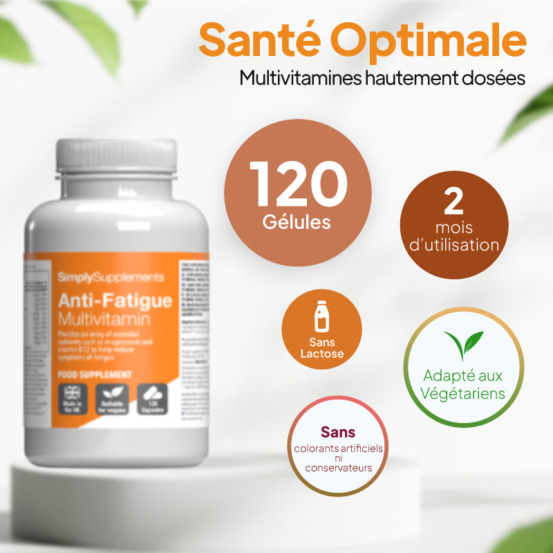 Un flacon de multivitamines anti-fatigue SimplySupplements présenté sur un socle blanc, entouré d'un texte promotionnel en français et de cercles illustrant ses caractéristiques.