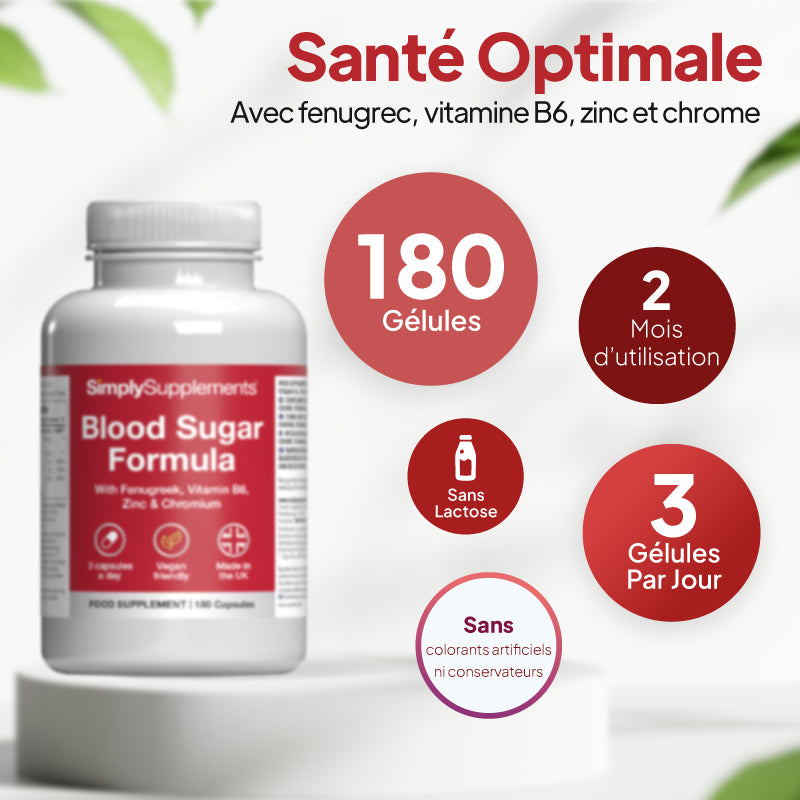 Flacon du complément « Simply Supplements Blood Sugar Formula » posé sur un socle blanc, avec un texte promotionnel en français et des encadrés rouges mettant en avant les 180 gélules, une cure de 2 mois, la prise quotidienne de 3 gélules, ainsi que l'absence de colorants artificiels et de conservateurs.