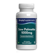 Flacon de compléments alimentaires portant l'étiquette «Saw Palmetto (Baie de sabal) 1000mg Simply Supplements », de couleur vert sur fond blanc.
