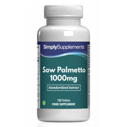 Flacon de compléments alimentaires portant l'étiquette «Saw Palmetto (Baie de sabal) 1000mg Simply Supplements », de couleur vert sur fond blanc.
