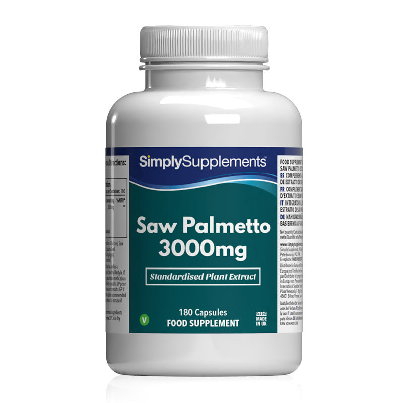 Flacon de compléments alimentaires portant l'étiquette « Saw Palmetto 3000mg Simply Supplements », de couleur vert sur fond blanc.

