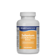 Flacon de compléments alimentaires portant l'étiquette « Sélénium 220mcg avec Multivitamines et Fer Simply Supplements », de couleur jaune sur fond blanc.
