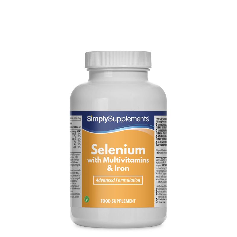 Flacon de compléments alimentaires portant l'étiquette « Sélénium 220mcg avec Multivitamines et Fer Simply Supplements », de couleur jaune sur fond blanc.
