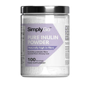 Flacon de compléments alimentaires portant l'étiquette « SimplyGo™ Inuline Pure en Poudre Simply Supplements », de couleur violette et blanc sur fond blanc.
