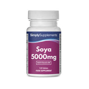 Flacon de compléments alimentaires portant l'étiquette «Soja 5000mg Simply Supplements », de couleur violette sur fond blanc.
