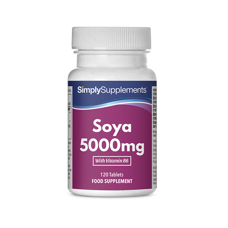 Flacon de compléments alimentaires portant l'étiquette «Soja 5000mg Simply Supplements », de couleur violette sur fond blanc.
