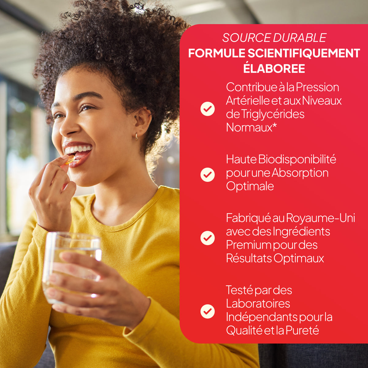 Une femme vêtue d'un haut jaune tient un verre d'eau et mange un morceau de nourriture, tandis qu'un grand panneau rouge contenant un texte en français apparaît à droite, faisant la promotion d'une formule santé. Aucun emballage de produit n'est visible.