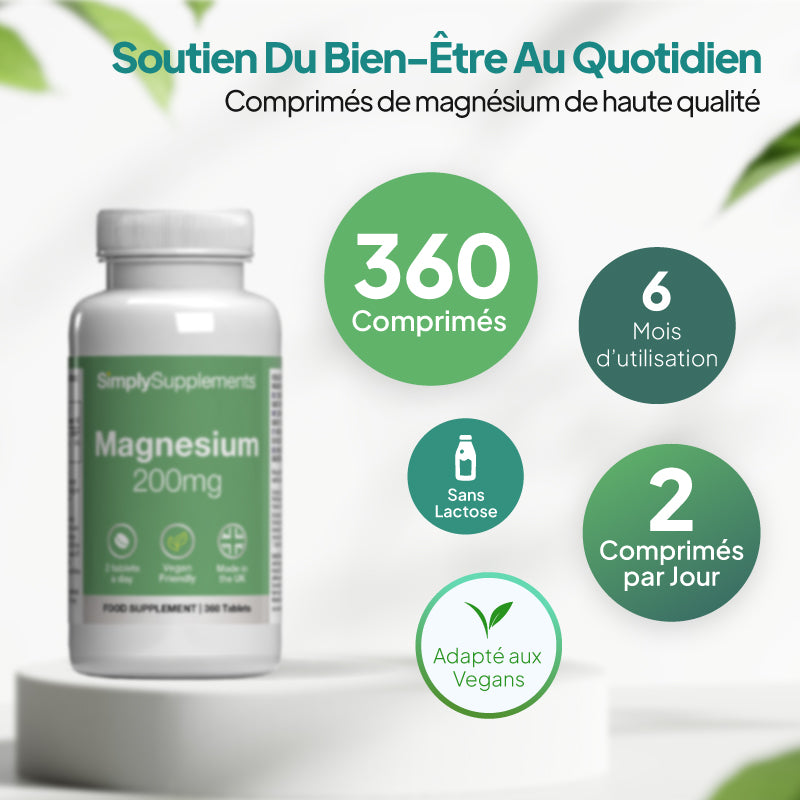 Un flacon du complément alimentaire « SimplySupplements Magnesium 200 mg » présenté sur un socle blanc, entouré de cercles promotionnels verts et bleu sarcelle, avec un texte en français mettant en avant les 360 comprimés, une durée d'utilisation de 6 mois, l'absence de lactose et le fait que le produit convient aux végétaliens.