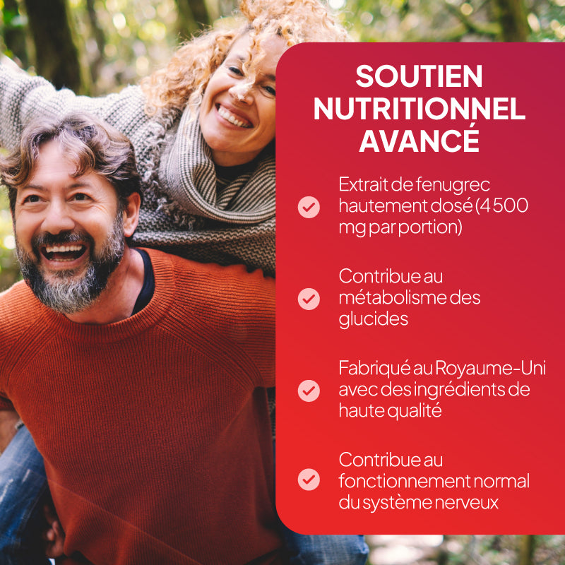 Illustration promotionnelle représentant, à gauche, un couple souriant en plein air et, à droite, un grand panneau rouge portant l'inscription « SOUTIEN NUTRITIONNEL AVANCÉ », accompagné de puces en français sur les bienfaits des plantes et le métabolisme.