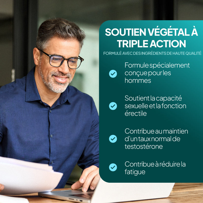 Un homme vêtu d'une chemise bleu marine et portant des lunettes est assis à un bureau, devant un ordinateur portable. À droite, on aperçoit un grand visuel promotionnel français de couleur bleu sarcelle sur lequel on peut lire « SOUTIEN VÉGÉTAL À TRIPLE ACTION » et qui énumère les bienfaits liés à la santé masculine.