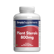 Flacon de compléments alimentaires portant l'étiquette «Stérols Végétaux 800mg Simply Supplements », de couleur rouge sur fond blanc.
