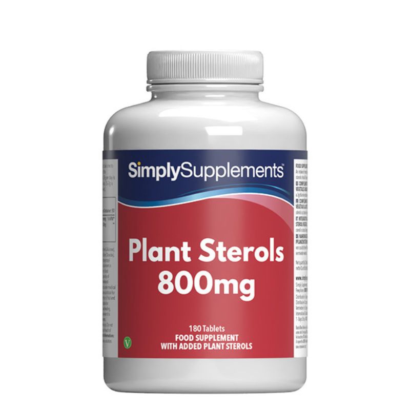 Flacon de compléments alimentaires portant l'étiquette «Stérols Végétaux 800mg Simply Supplements », de couleur rouge sur fond blanc.
