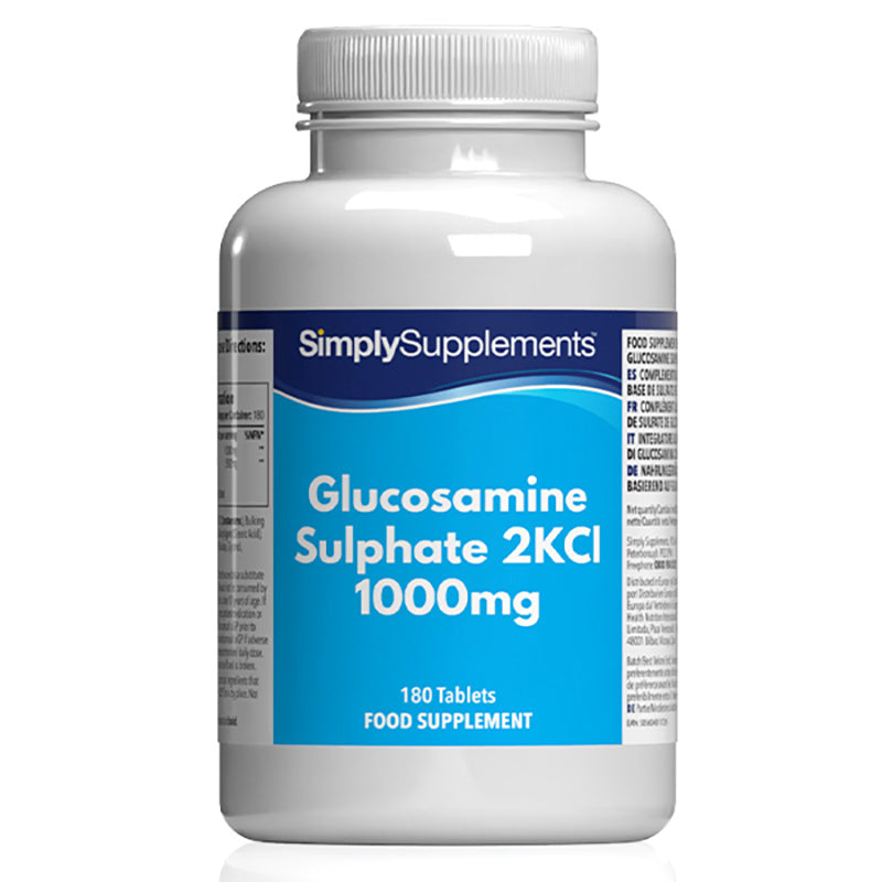 Flacon de compléments alimentaires portant l'étiquette « Sulfate de Glucosamine 1000mg Simply Supplements », de couleur bleu clair sur fond blanc.

