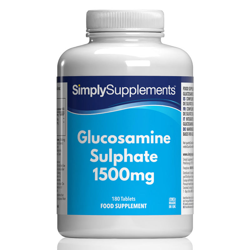Flacon de compléments alimentaires portant l'étiquette « Sulfate de Glucosamine 1500mg - Comprimés Simply Supplements », de couleur bleu clair sur fond blanc.
