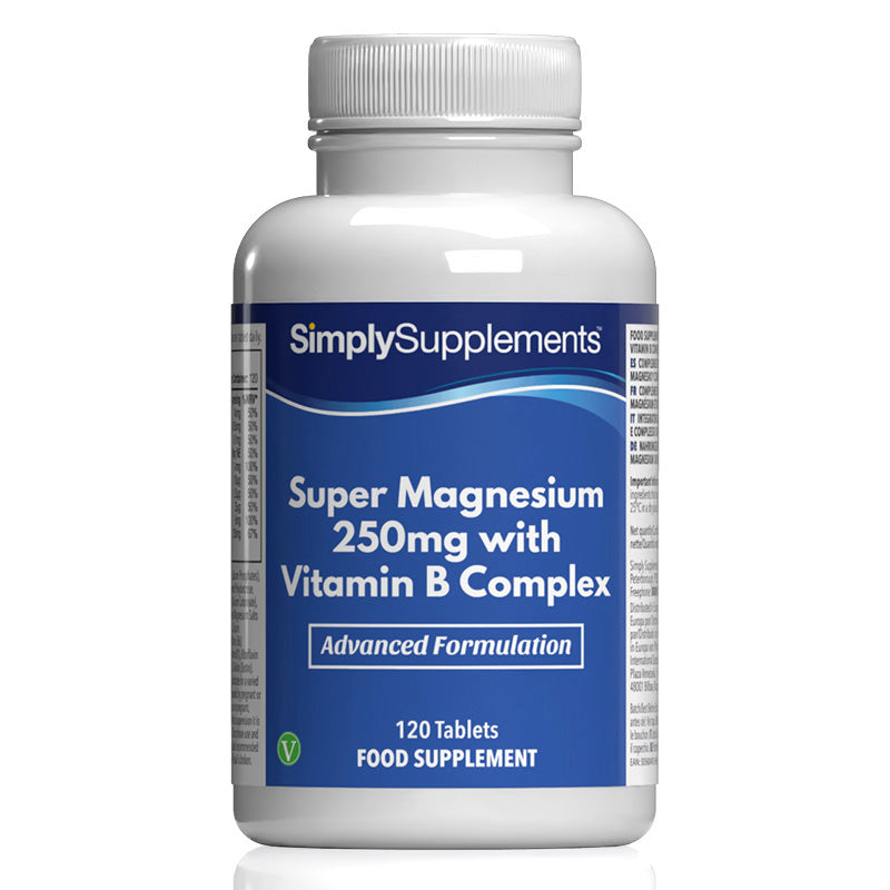 Flacon de compléments alimentaires portant l'étiquette « Super Magnesium 250mg avec Complexe Vitamine B Simply Supplements », de couleur bleu sur fond blanc.
